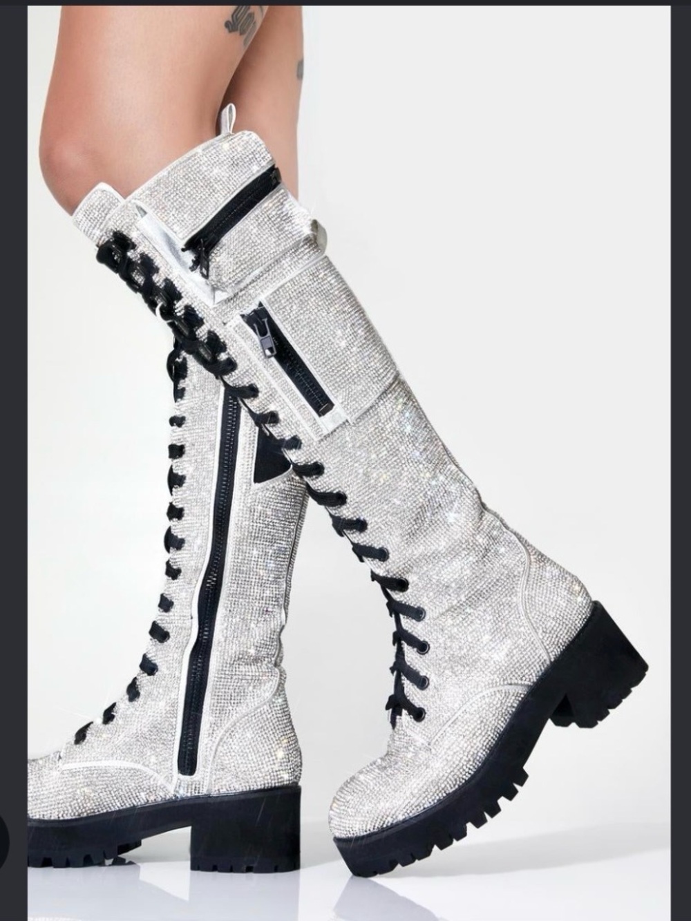 Dolls Kill ICY BLING BRIGADE POCKET COMBAT RHINESTONE BOOTS sz 9